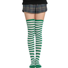 green and white thigh high striped socks thin narrow stripes
