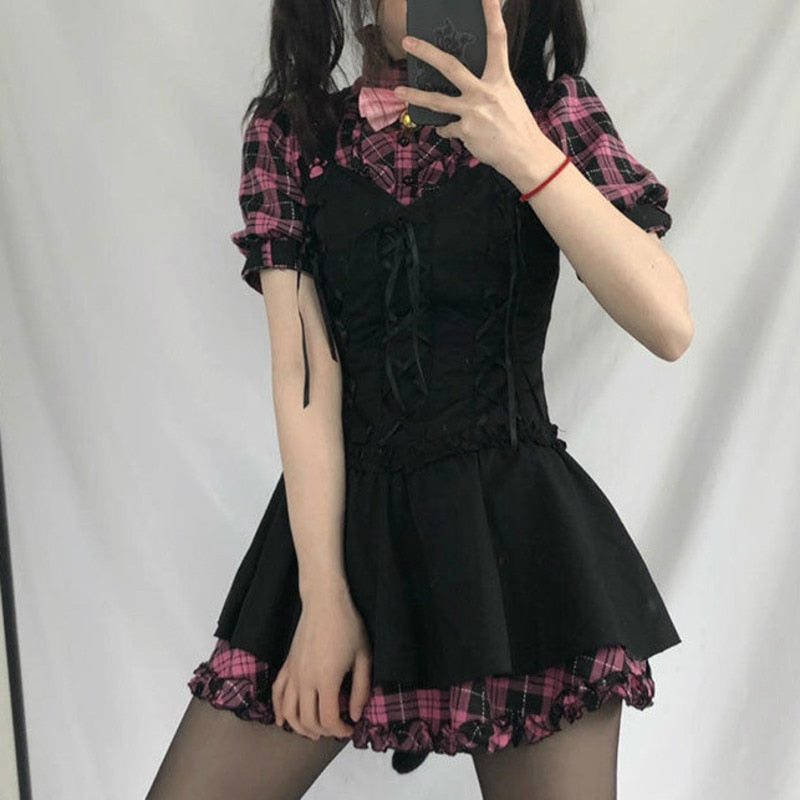 Harajuku Kawaii Fashion Gothic Pink Plaid Black Dress