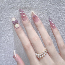 korean manicure pink press on long coffin nails with 3d bows
