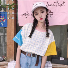 Harajuku Ulzzang Pastel Patchwork Sleeve Grid T-shirt
