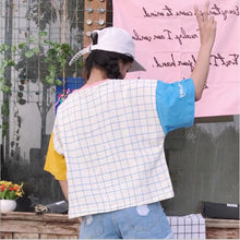 Harajuku Ulzzang Pastel Patchwork Sleeve Grid T-shirt