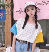 Harajuku Ulzzang Pastel Patchwork Sleeve Grid T-shirt