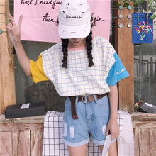Harajuku Ulzzang Pastel Patchwork Sleeve Grid T-shirt