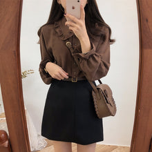 Harajuku Korean Style Ulzzang Peter Pan Collar Button Up Shirt (Brown/White)