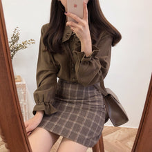 Harajuku Korean Style Ulzzang Peter Pan Collar Button Up Shirt (Brown/White)