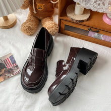 womens gyaru shoes chunky platform loafers brown dark red burgundy patent leather