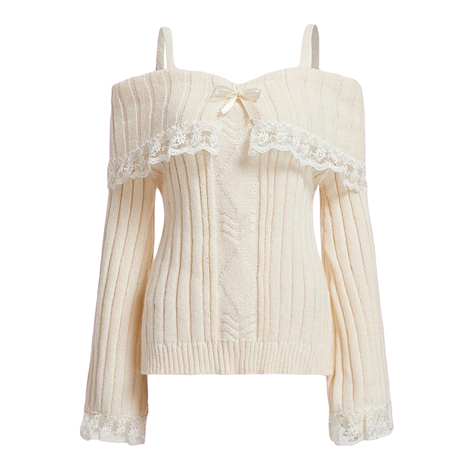 Kawaii Aesthetic Coquette Lace Trim Off Shoulder Sweater – The Kawaii ...