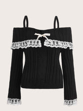 womens aesthetic tops coquette japanese fashion black off the shoulder sweater with white lace and bow