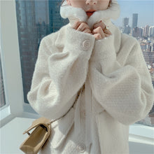 womens beige tweed coat with white fur collar