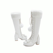 lolita boots white womens knee high lace up chunky heel boots