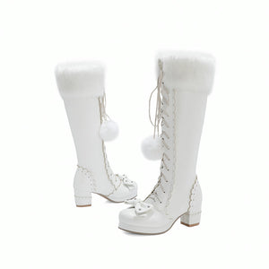 lolita boots white womens knee high lace up chunky heel boots