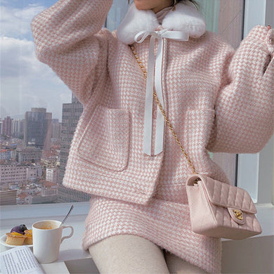 Korean Aesthetic Wonyoung Elegant Soft Girl Coquette Dollete Pink Tweed Faux Fur Collar Two Piece Coat and Skirt Set