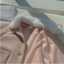 short pink tweed coat with fur collar