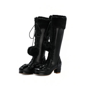 gothic lolita boots womens black knee high lace up chunky heel boots