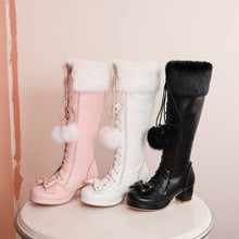 japanese lolita fashion womens knee high boots black pink white with fur trim