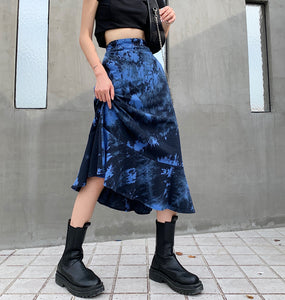 Korean Fashion Street Fashion Black Blue Tie Dye Midi Skirt