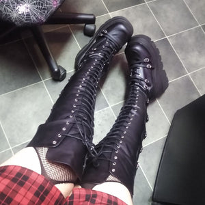 Harajuku Goth Punk Y2K Grunge Aesthetic Chunky Platform Overknee Laceup Combat Boots