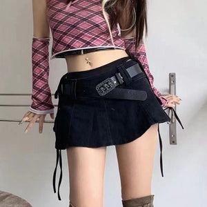 Harajuku Y2K Goth 90s Vintage Grunge Rcokstar Girlfriend Aesthetic Black Denim Micro Skirt with Belt