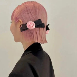 Korean Aesthetic Blackpink Coquette Dollette Satin Rose Bow Hairclip