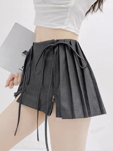 korean fashion grey pleated mini skirt with zippers