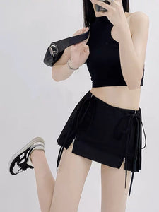 korean fashion black pleated mini skirt with zippers