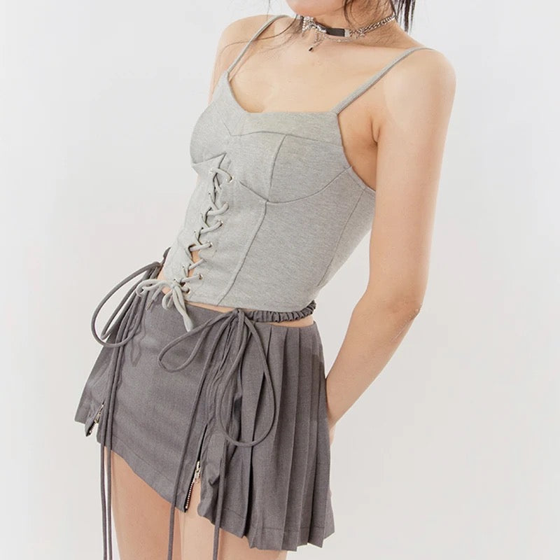 no dress grey skirt Nodress Double Slit Tie Pleated Grey Mini Skirt, Women's Fashion, Bottoms, Skirts on Carousell