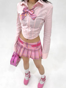 y2k aesthetic gyaru outfits japanese school uniform pink pleated skirt ultra mini skirt low rise