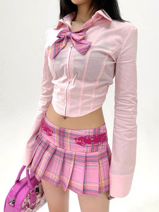 y2k japanese harajuku fashion gyaru outfit school uniform hot pink mini skirt plaid tennis skirt low rise ultra mini