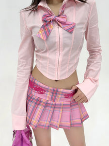 y2k aesthetic japanese gyaru fashion pink pleated skirt plaid tennis skirt low rise ultra mini