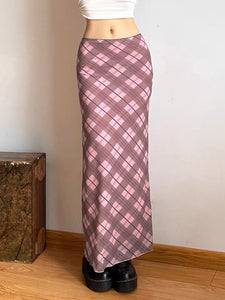 Y2K Fairy Grunge 90s Aesthetic Pink Checkered Maxi Skirt