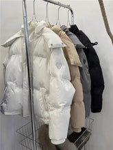 korean womens puffer jackets in white, brown, grey, black