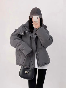 90s Aesthetic Acubi K-pop Korean Style Unisex Oversized Gray Down Jacket with Heart Patch