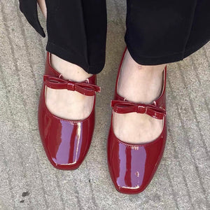 womens coquette aesthetic cherry red shoes patent leather ballet flats with bow dark red mary janes