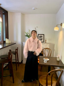 womens korean fashion outfits faux fur pink winter coat
