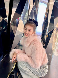 womens ladies pink winter coat cropped faux fur pink jacket korean fashion girly coquette dollette aesthetic clothes