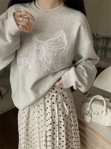 womens korean fashion outfits gray sweatshirt with bow white maxi skirt