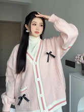 womens korean fashion oversized pink cardigan with bows aesthetic clothes