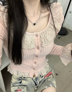 womens pink coquette blouse lace