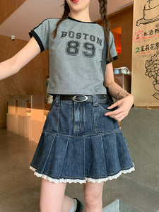 womens pleated jean skirt lace trim