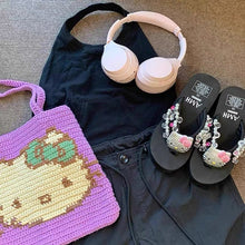 womens y2k outfit black platform thong sandals hello kitty shoes