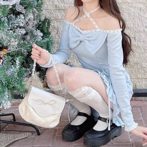 womens aesthetic clothes coquette outfits long sleeve baby blue mini dress