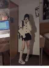 Harajuku Kawaii Fashion Oversized Beige Cardigan with Black Stripes