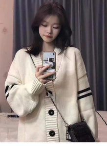 Harajuku Kawaii Fashion Oversized Beige Cardigan with Black Stripes