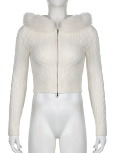 womens winter coquette aesthetic y2k zipper hoodie white cable knit sweater for women cropped cardigan with hood fur trim