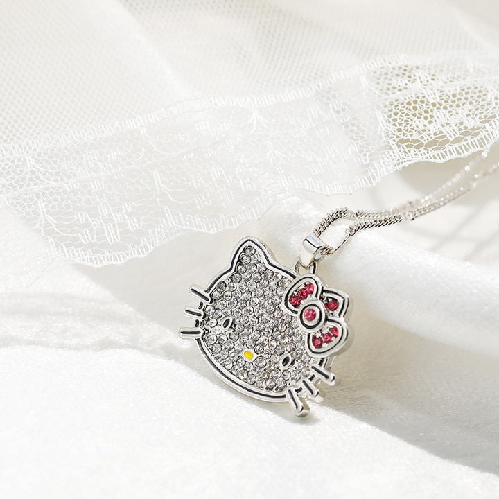 Y2k Hello Kitty Sanrio Necklace with Chain Alloy Silver Crystals Female  Charm Rhinestone Goth Pendant Jewelry Valentine Day Gift