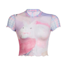 Harajuku Kawaii Aesthetic Pastel Y2K Bunny Print Mesh Tshirt