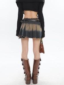 Harajuku Y2K Fairycore Low Rise Pleated Distressed Denim Skirt