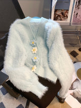 Kawaii Aesthetic Korean Style Oversized Flower Button Fuzzy Cardigan