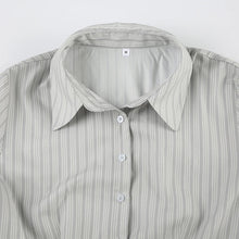 womens gray pinstripe fitted button down shirt