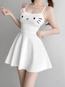 womens kawaii clothes aesthetic fashion y2k hello kitty dress spaghetti strap a line white dress skater dress